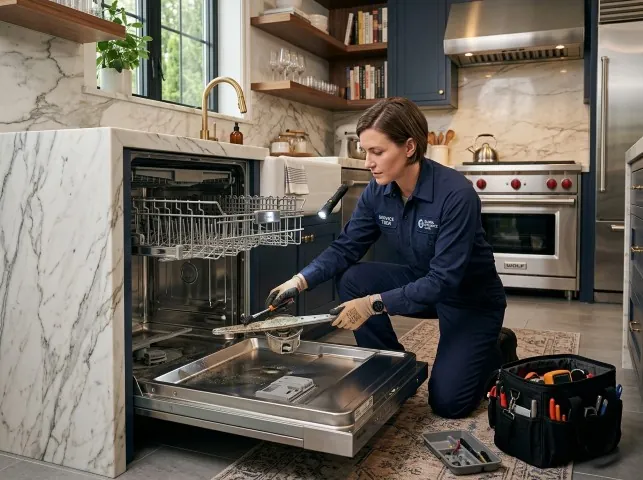 Appliance Repair Hero technician servicing a built-in dishwasher in a Alvin, TX kitchen