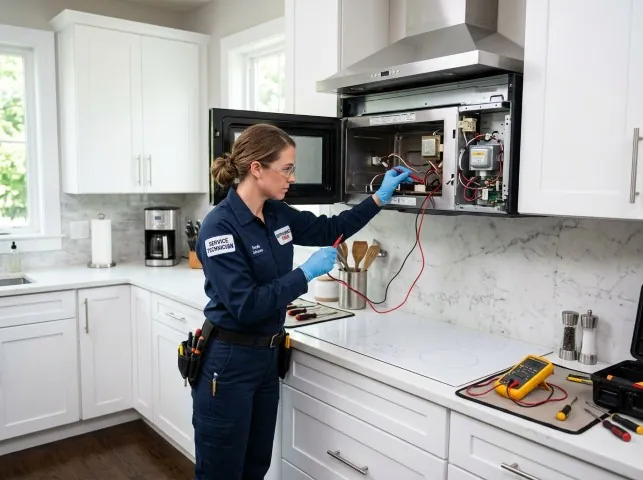 Appliance Repair Hero technician testing an over-the-range microwave in a Alvin, TX kitchen